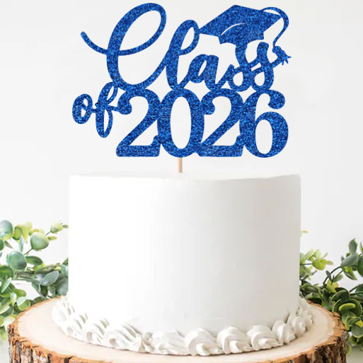 Blue Glittering Grad Class of 2026 Cake Pick Topper